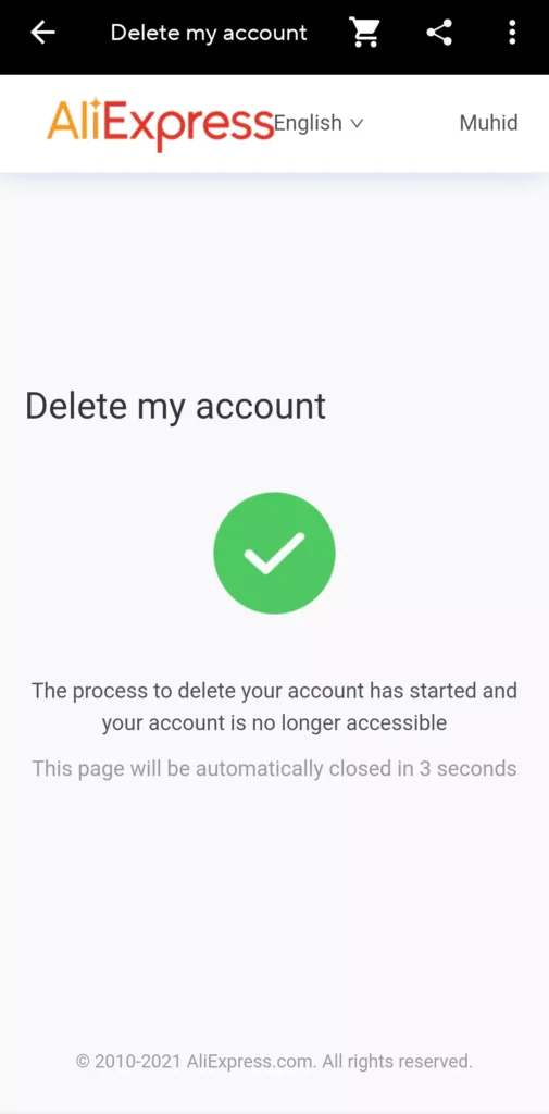 Account deletion request successful from app