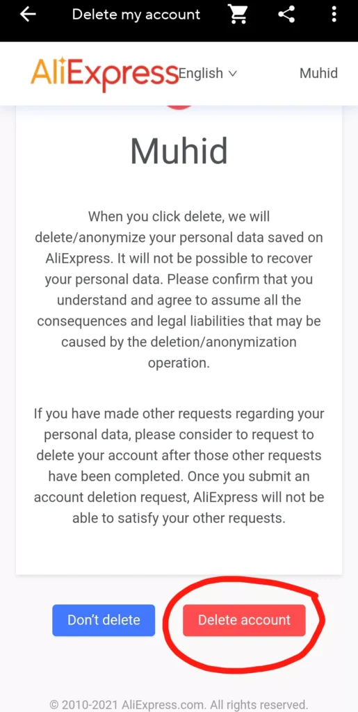 Final account deletion confirmation