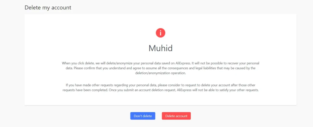Confirm Aliexpress account deletion