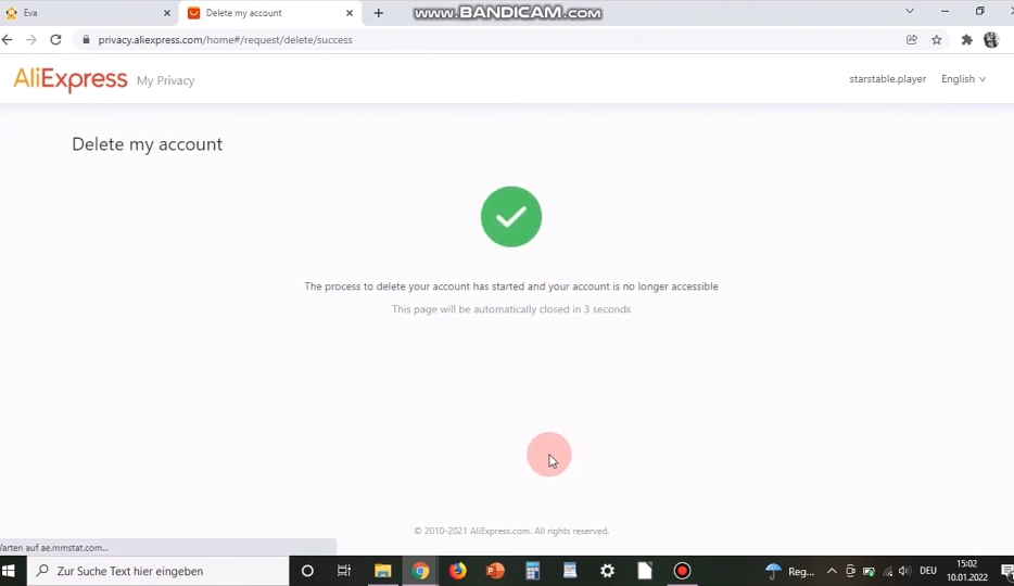Aliexpress account deletion request successful 