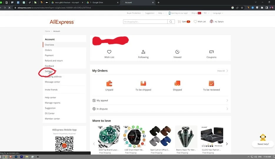 Navigate to aliexpress account settings