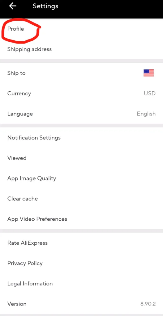 Navigate to aliexpress profile setting from app