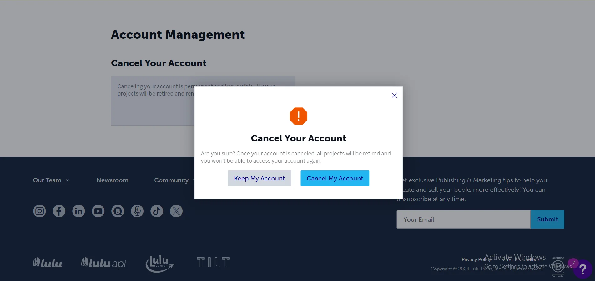 start cancel lulu account