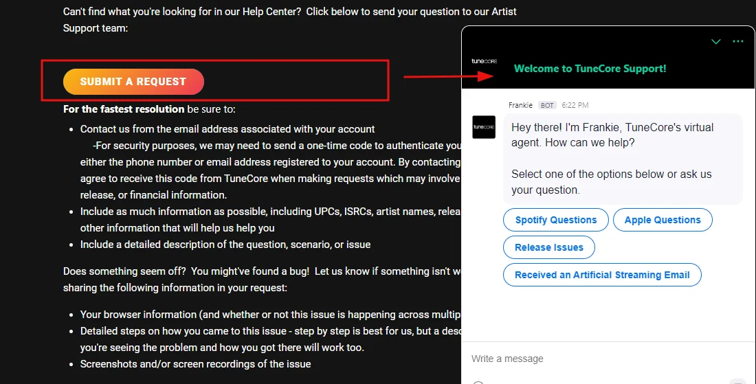 submit request on tunecore