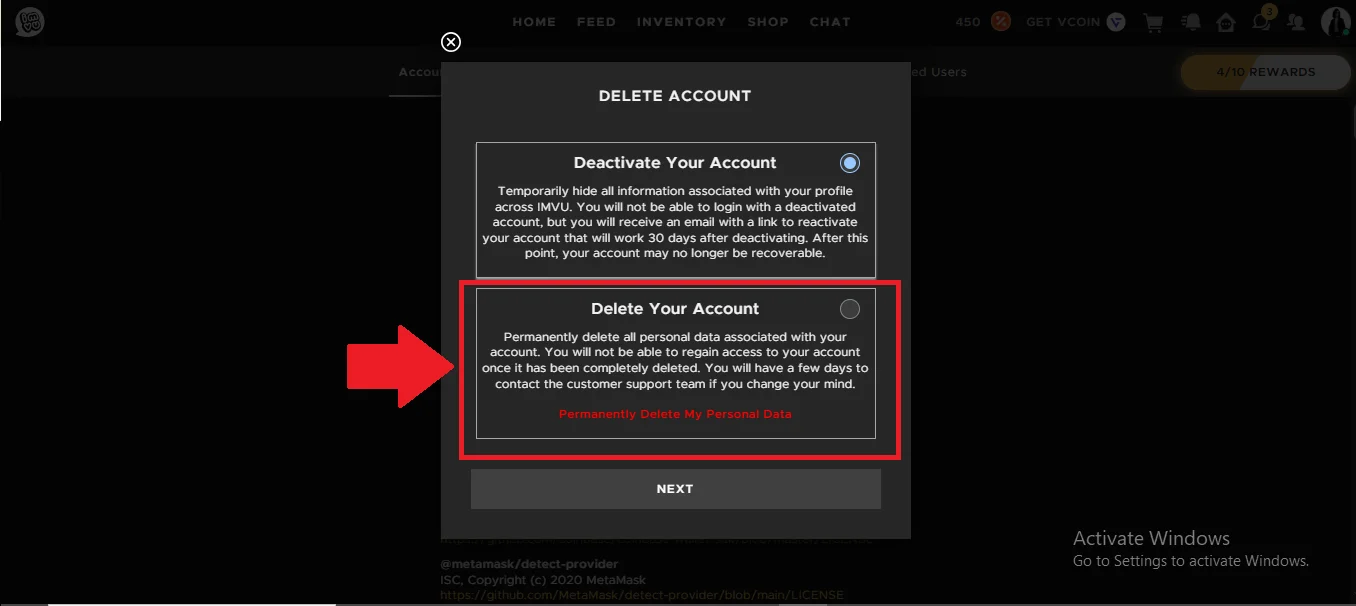 IMVU account delete