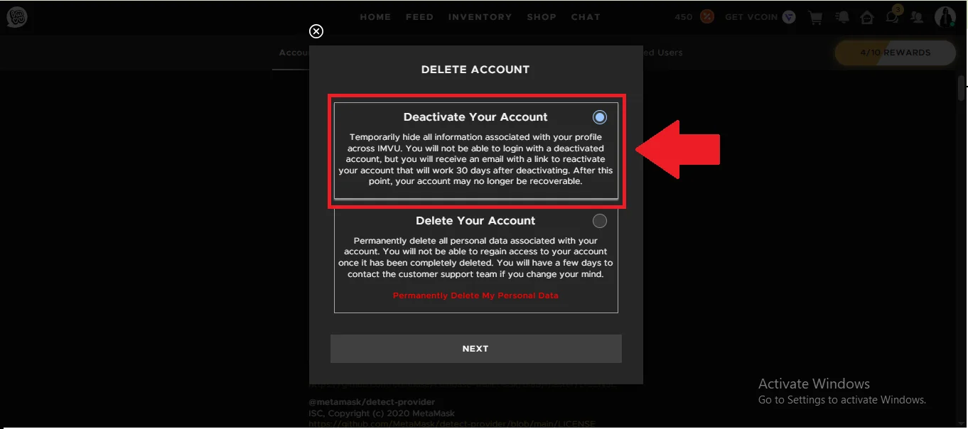 IMVU deactivate account