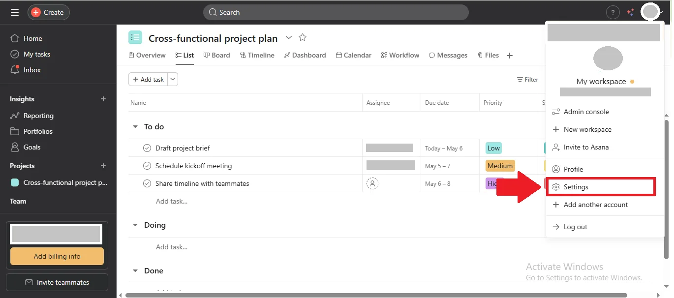 Asana profile setting