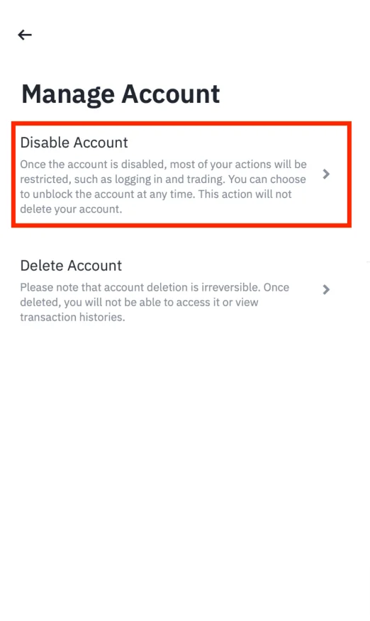BInance mobile disable account