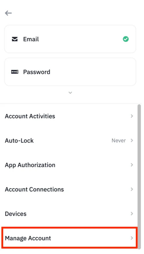 BInance mobile disable account manage account