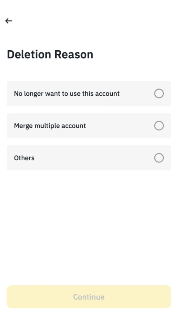 Binancce account deletion reason