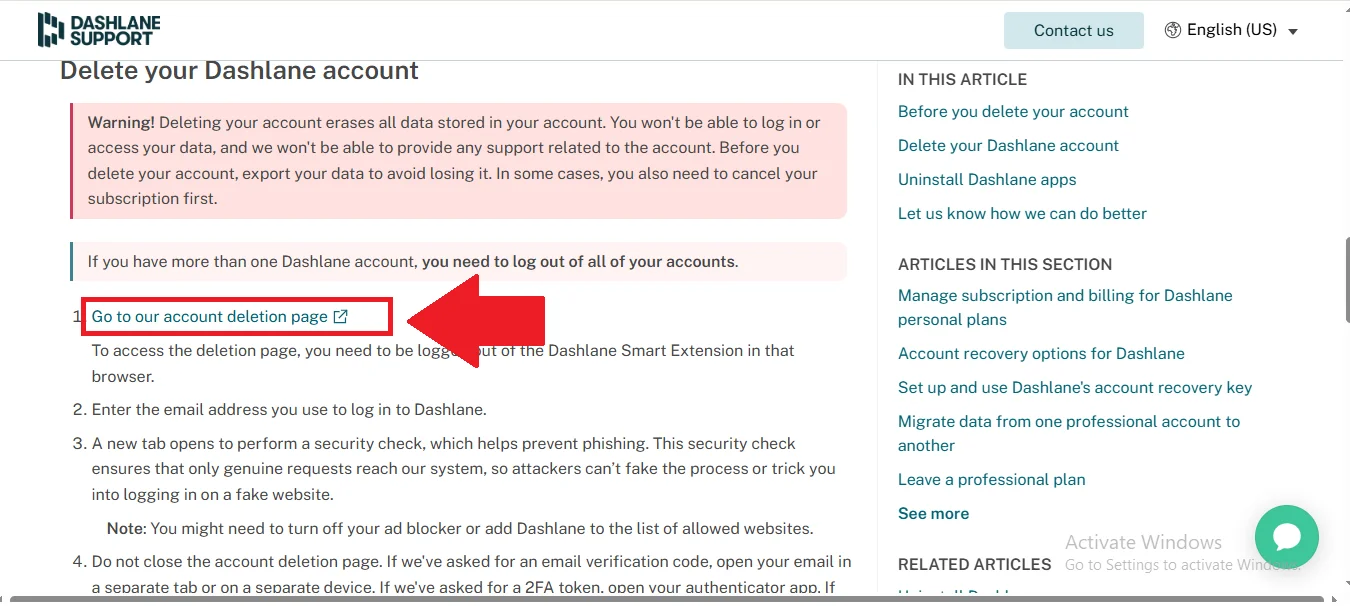 Dashline account deletion page