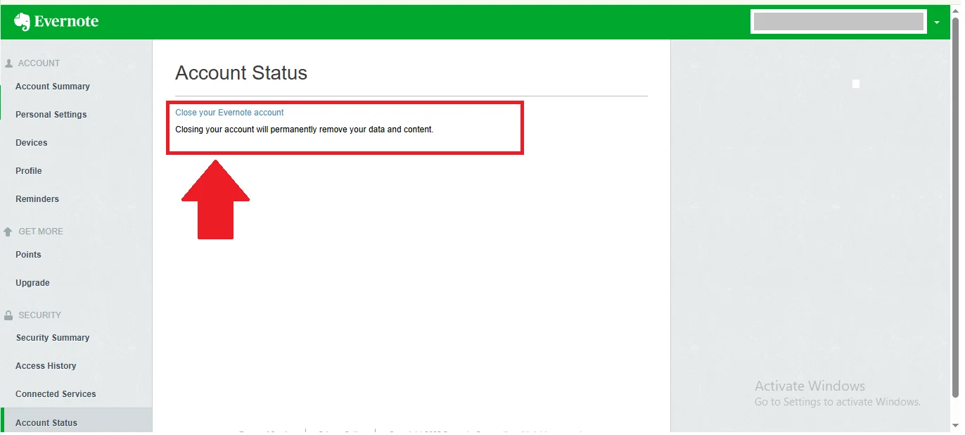 Evernote account status