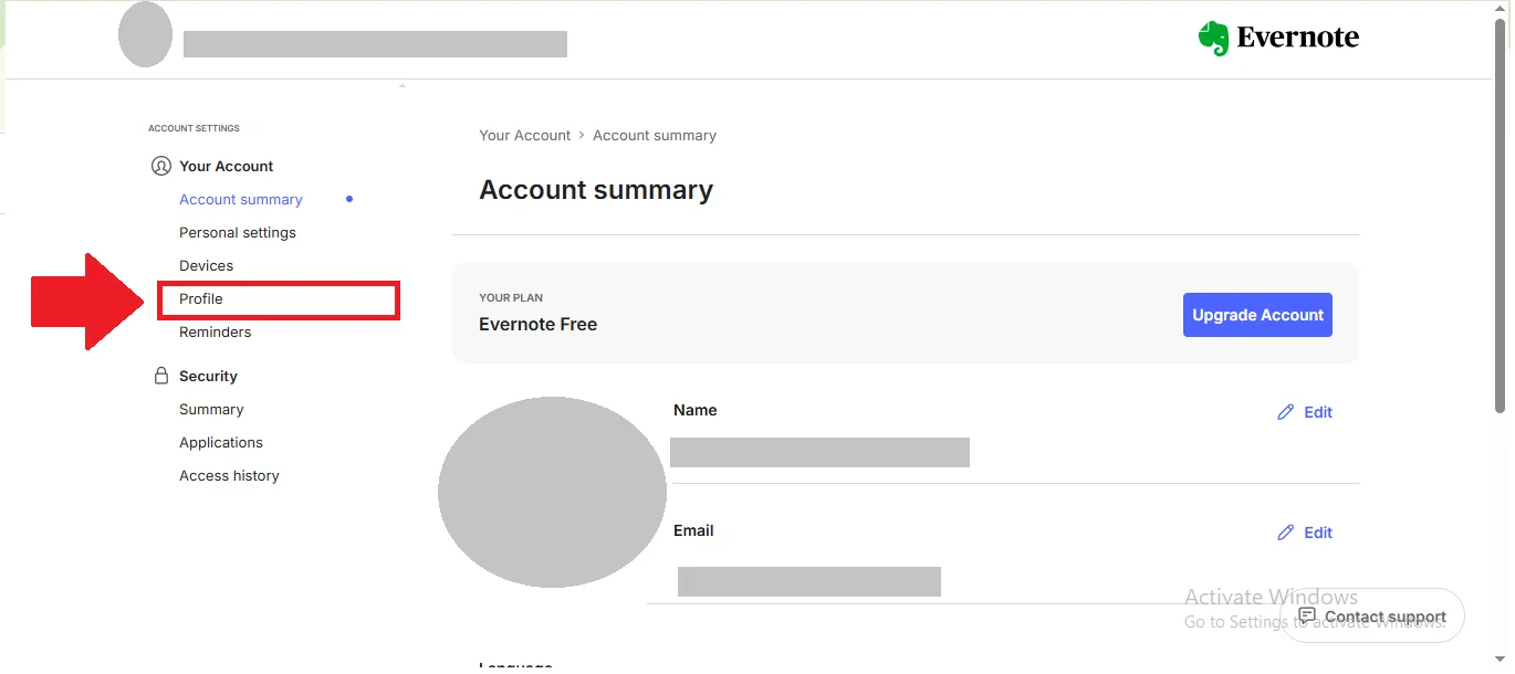Evernote go to profile