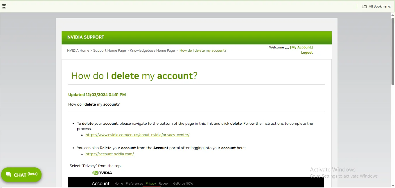 NVIDIA account deletion link