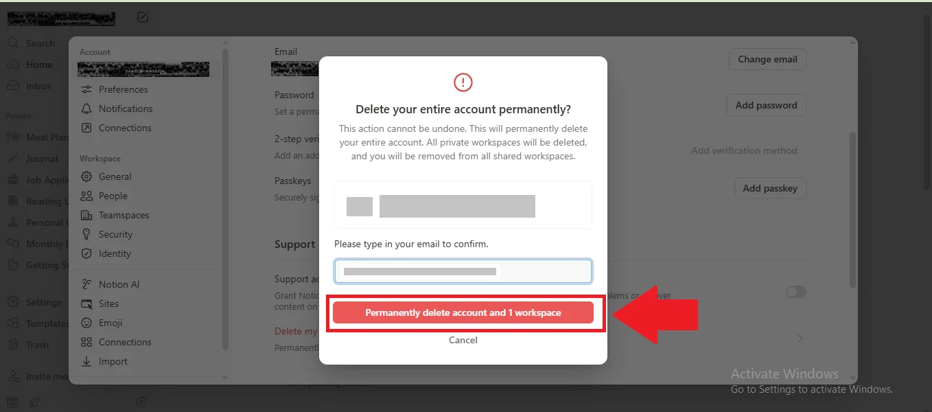 Notion account deletion