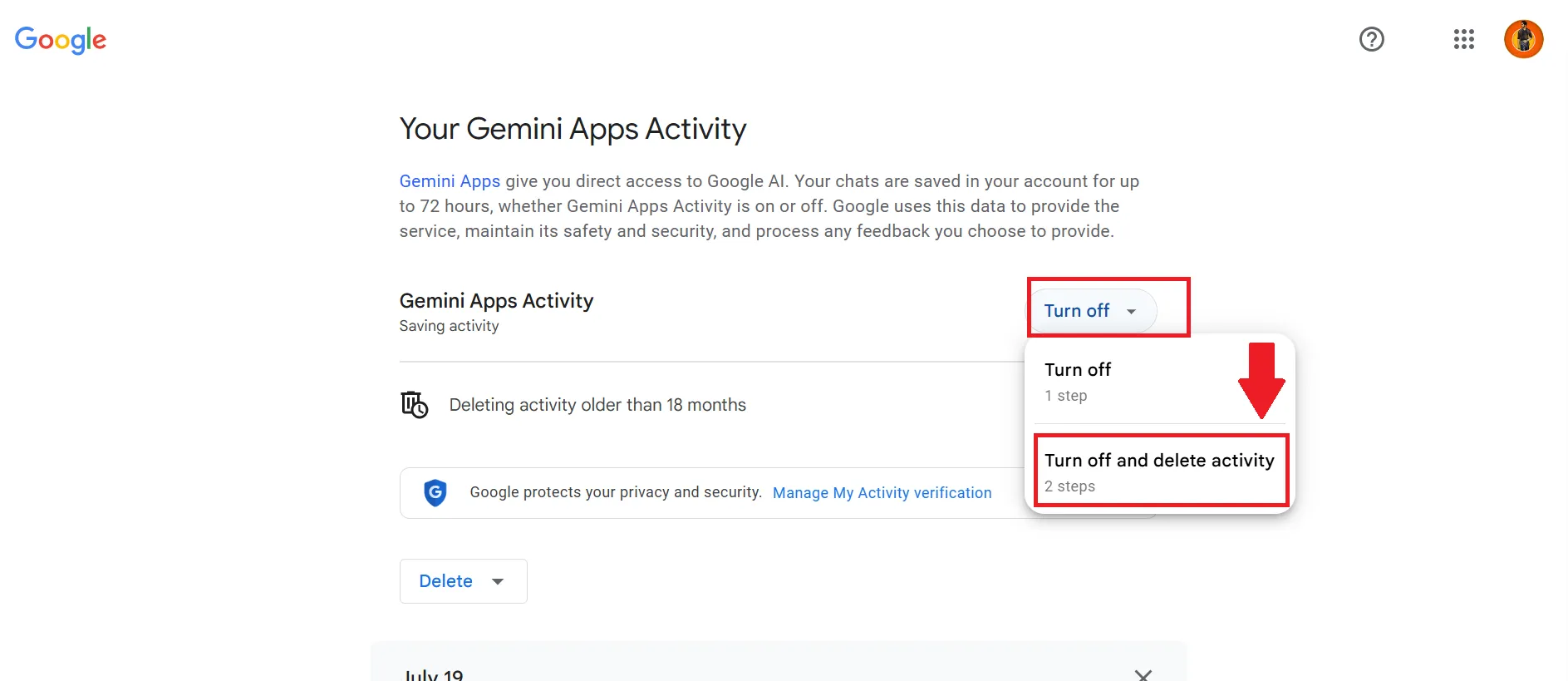 turn off acitivity on gemini