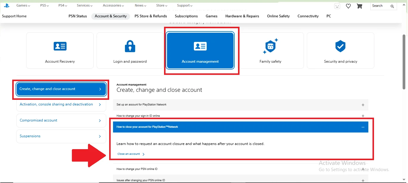 PSN Close Account