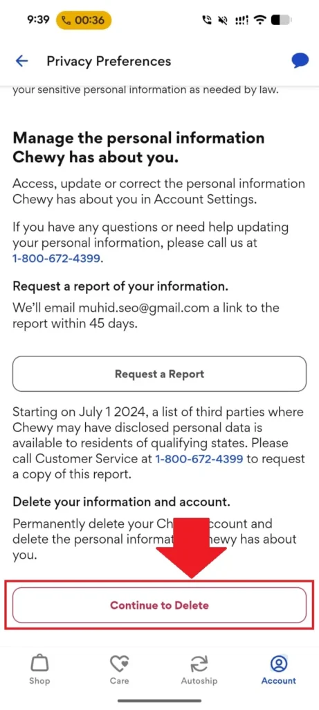 Scroll down and tap "Continue to Delete" under the "Delete your information and account" section.