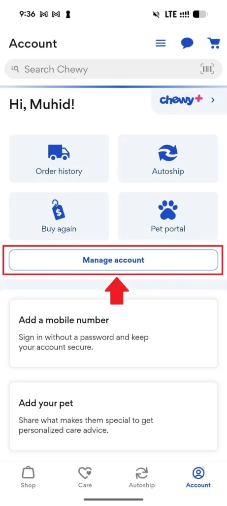 Tap "Manage Account" to access your account management options.