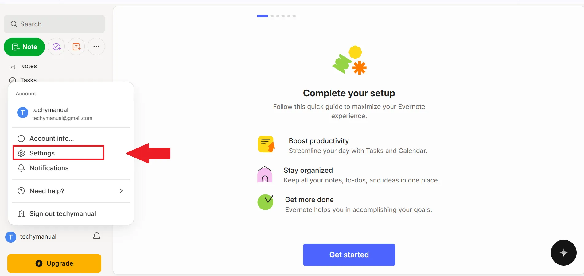 Then click on the Settings option on evernote