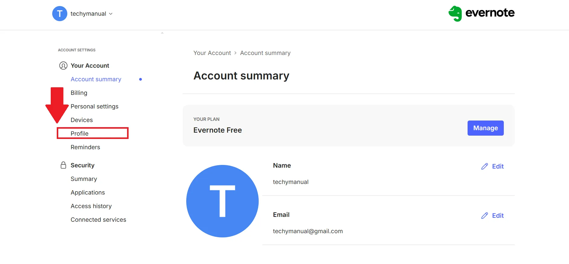 Now click on Profile from the left sidebar evernote