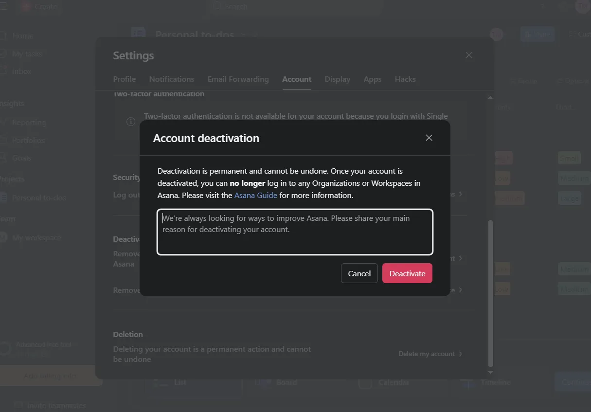 click Deactivate to confirm.