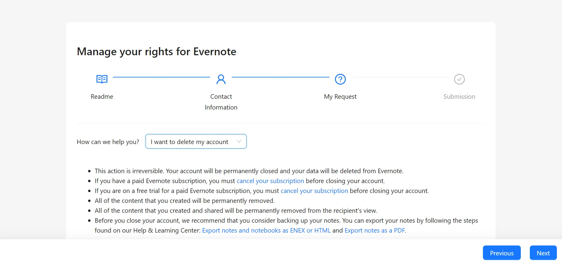 Select the reason for contacting as "I want to delete my account."