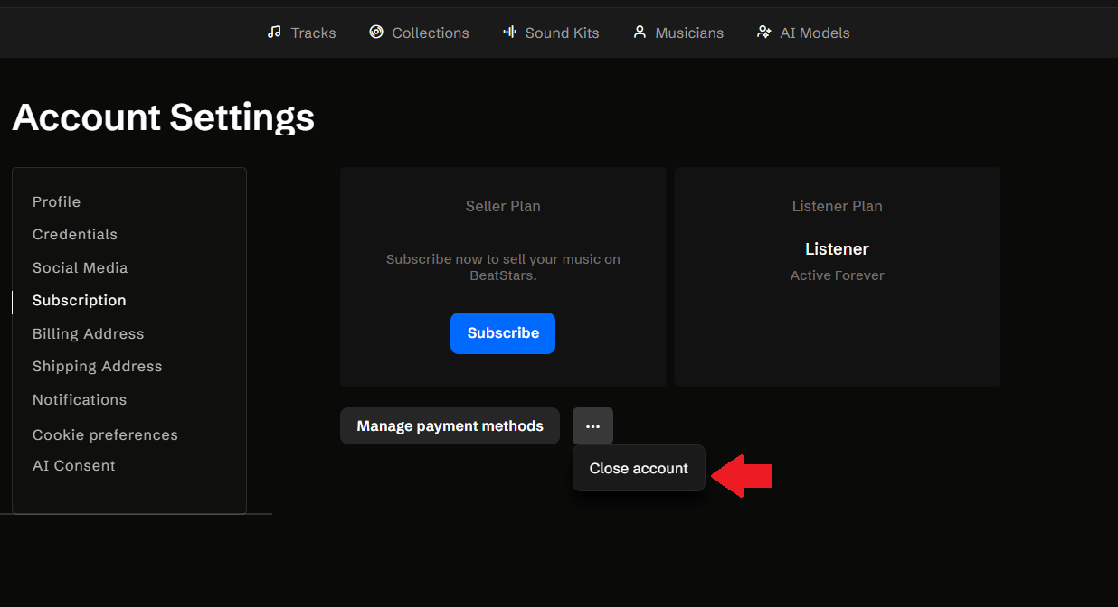 A small dropdown will appear — click "Close account".