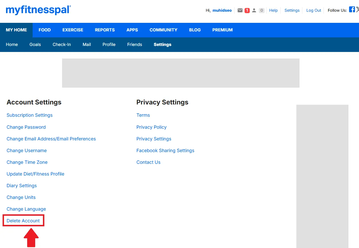 On the Settings page, scroll down under Account Settings and click Delete Account.