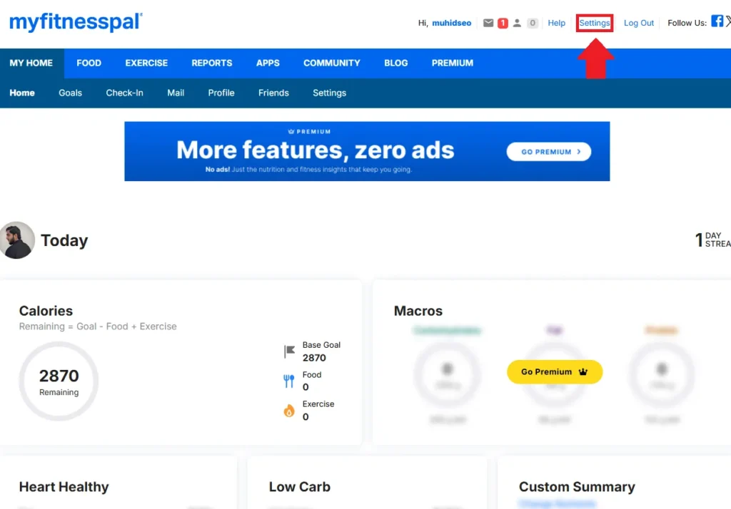 Log in to MyFitnessPal on your browser and click Settings in the top right navigation bar.