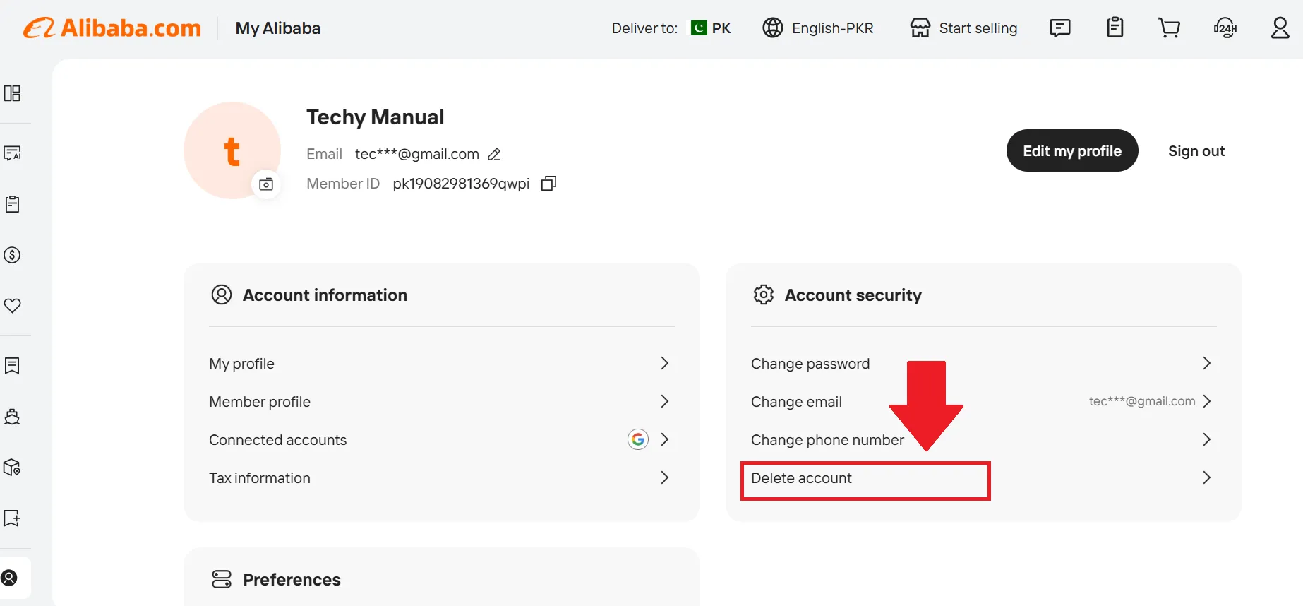 Then click on the Delete Account option.