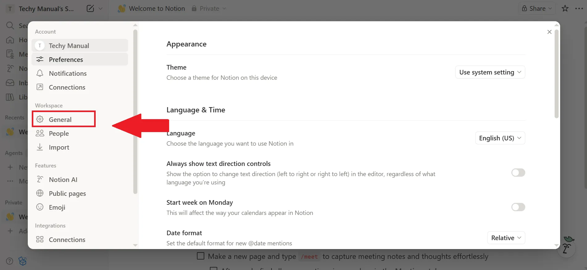 Select General from the left sidebar.