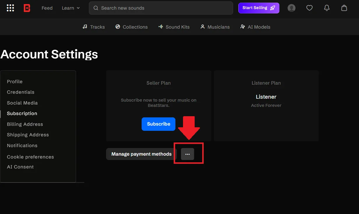 On the Subscription page, click the three-dot (…) button next to "Manage payment methods".