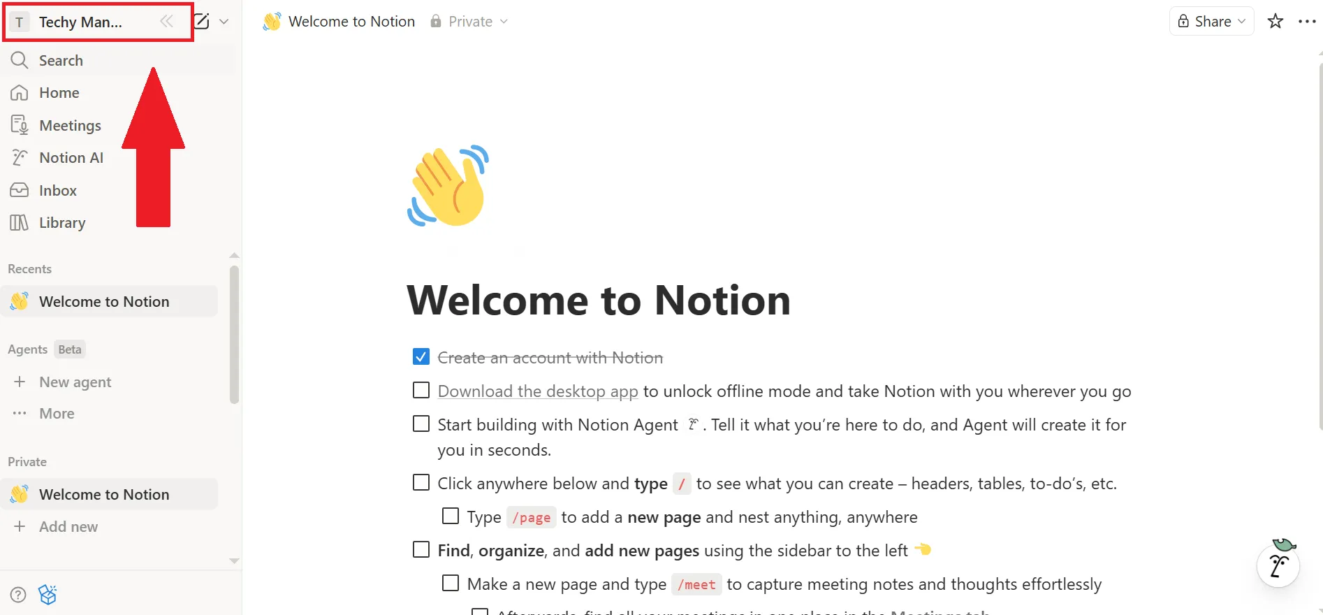 Click on your profile name in the top left corner.