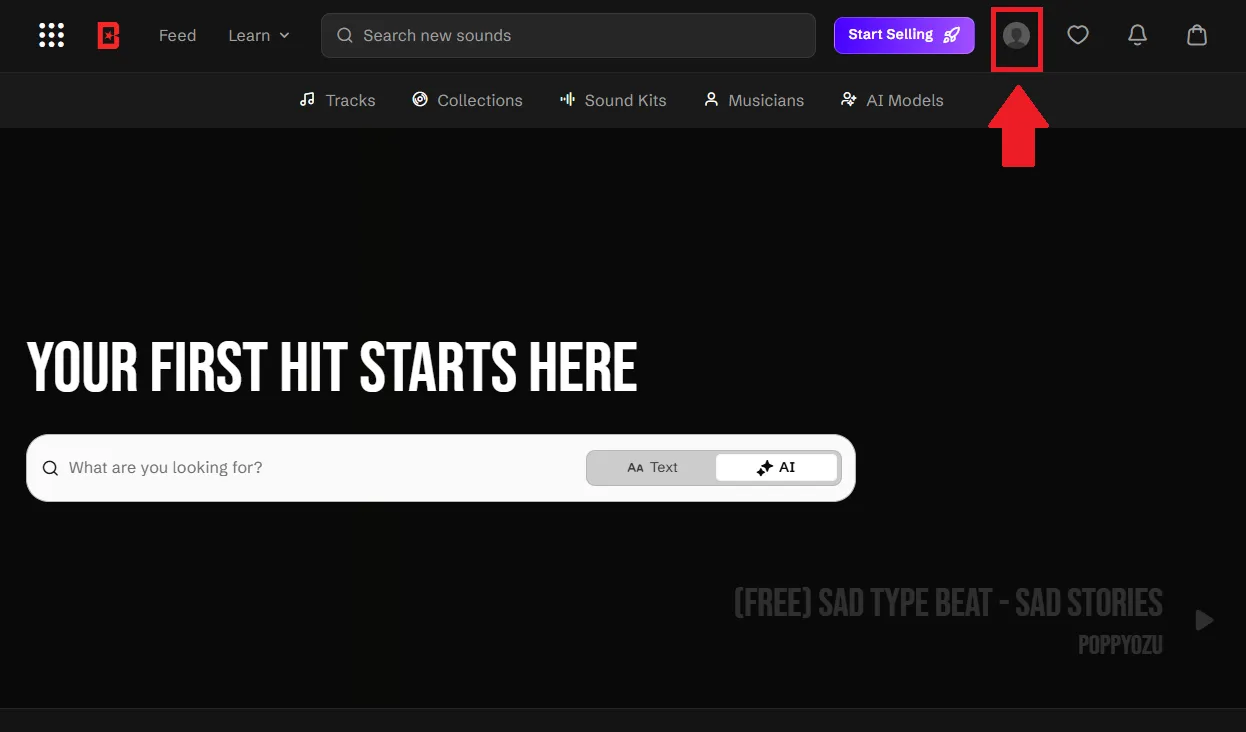 Log in to BeatStars on your browser and click your profile icon at the top right corner.