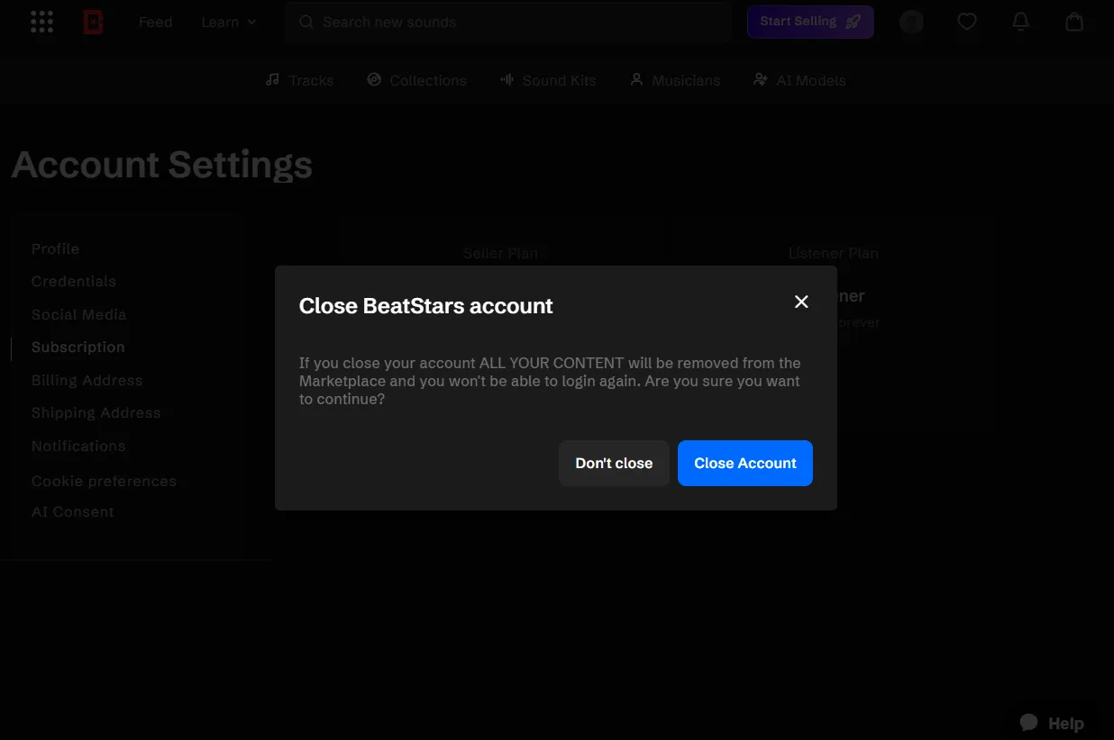 A confirmation popup will appear warning that all your content will be removed. Click "Close Account" to confirm and permanently close your account.