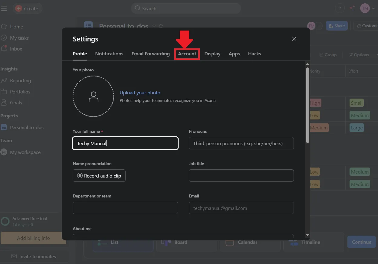 Inside the Settings modal, you'll land on the Profile tab by default. Click on the Account tab at the top.