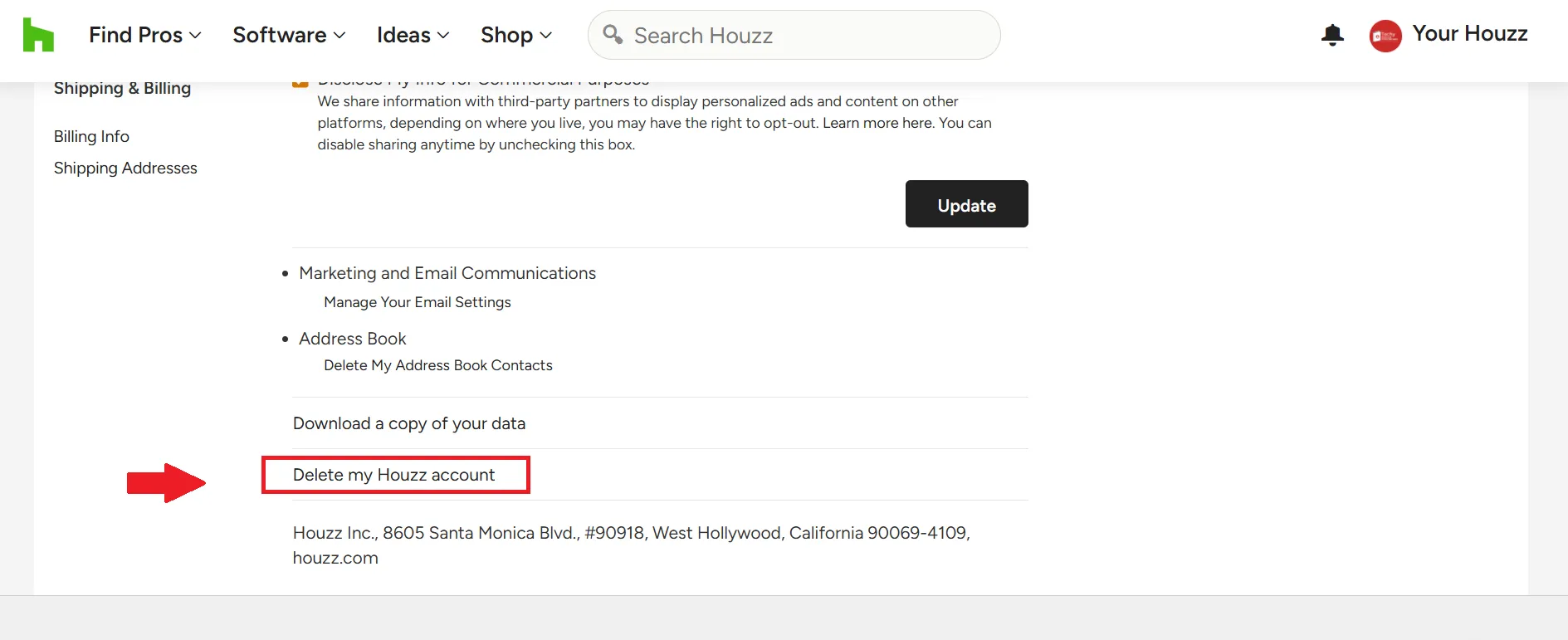 find the delete account option