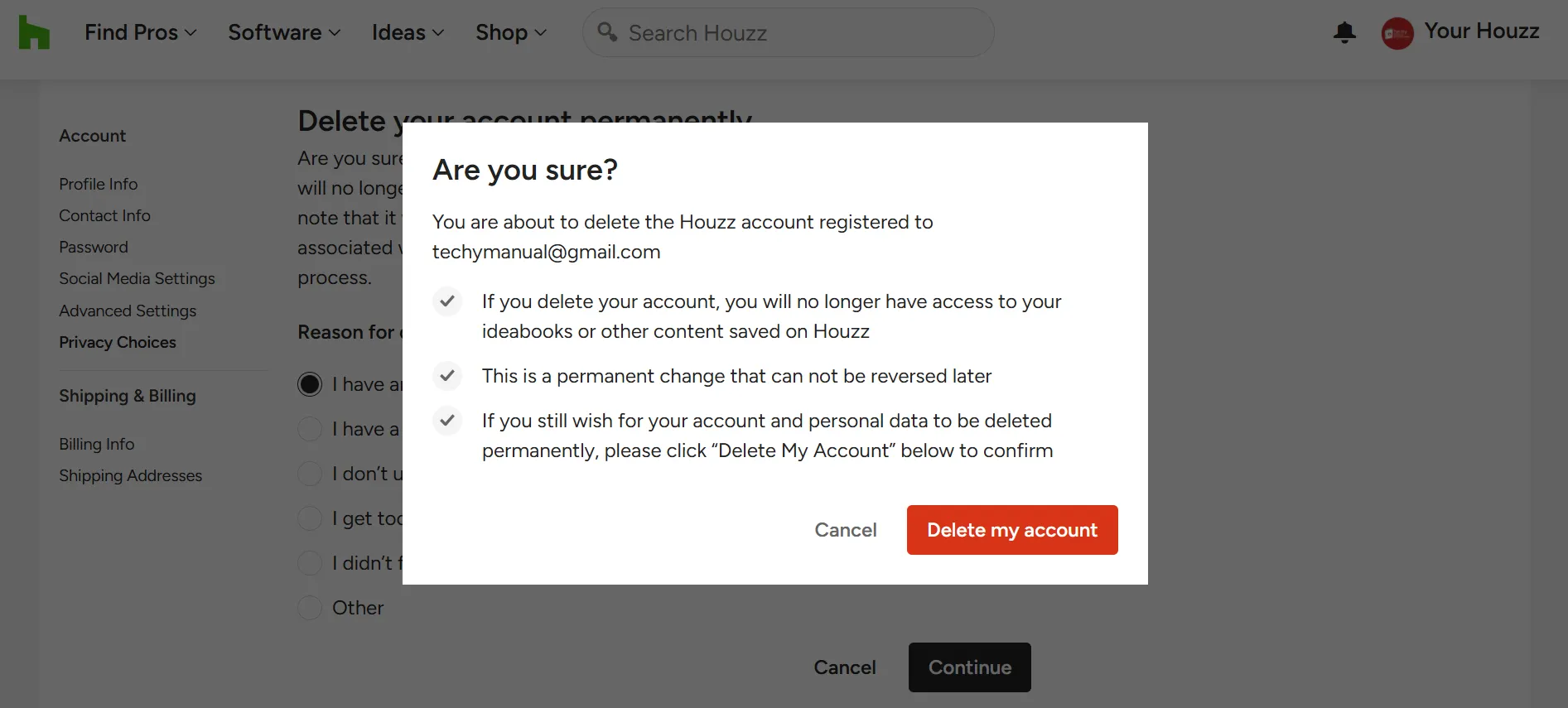 confirm your account deleting decision