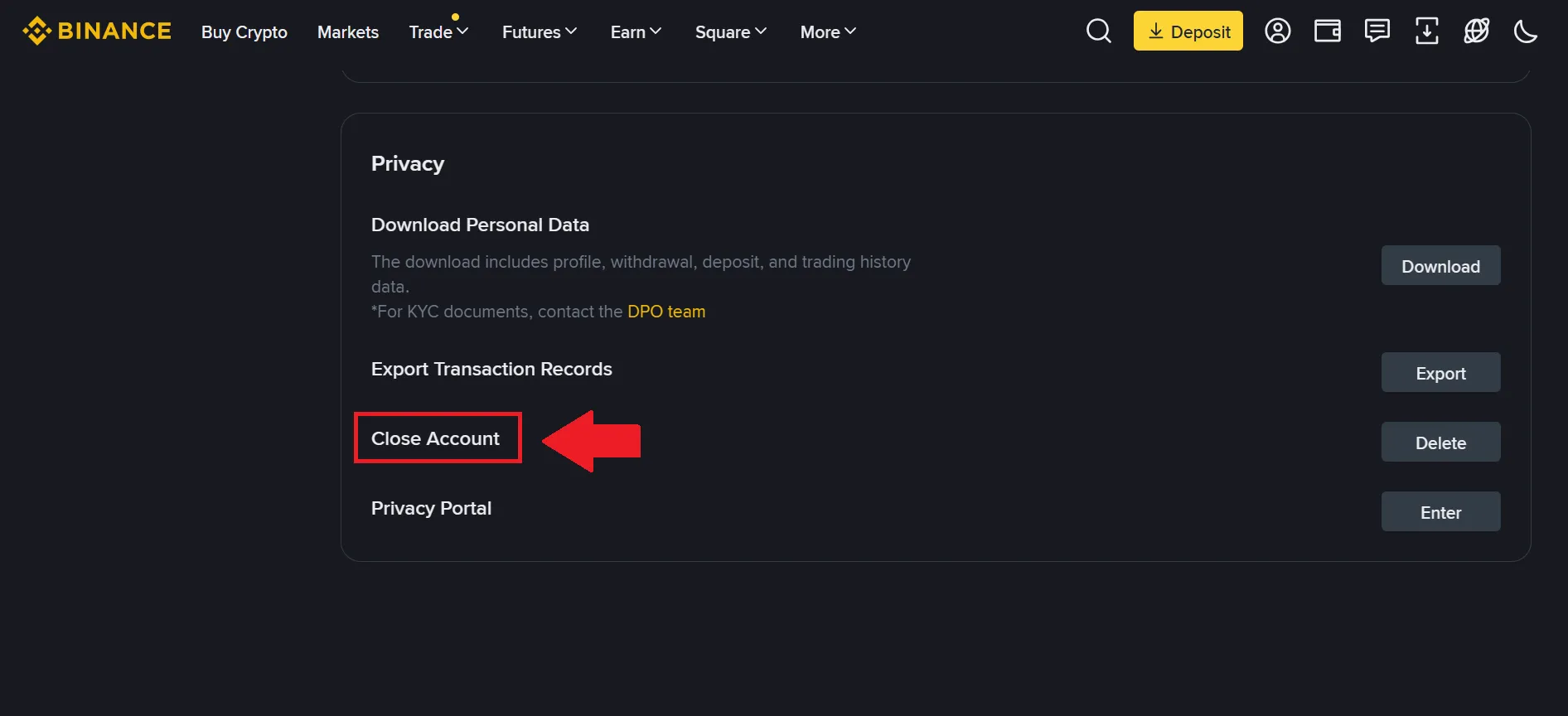 Where at the bottom of the page you will find close account option.