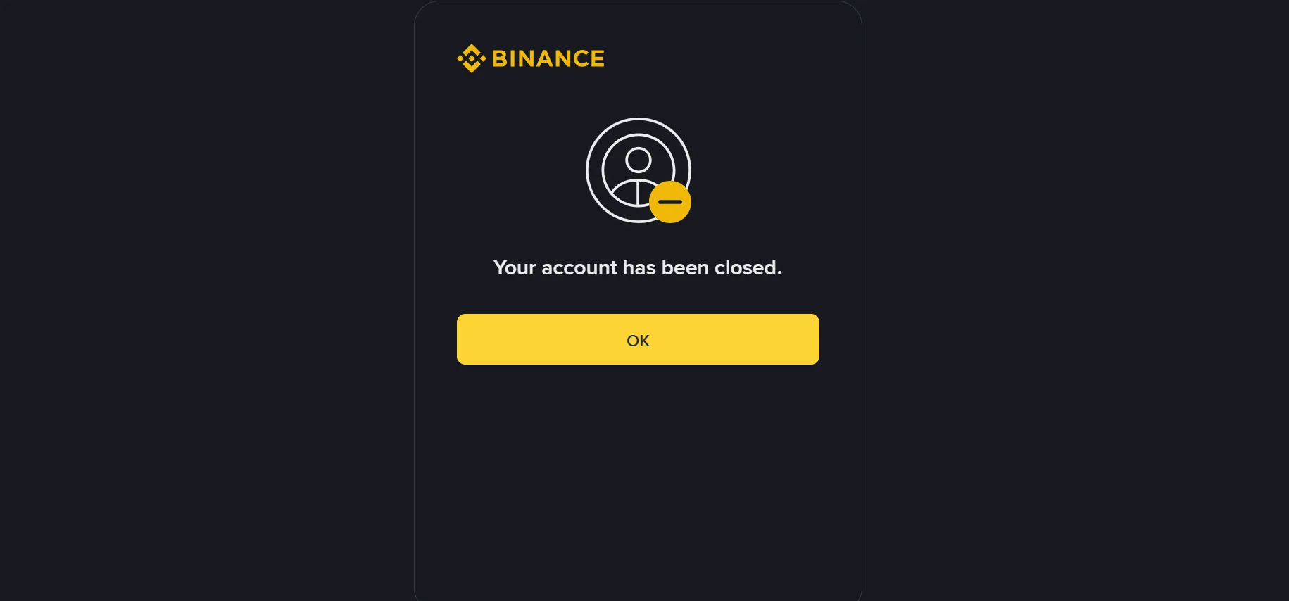 your binance account was deleted succesfully.