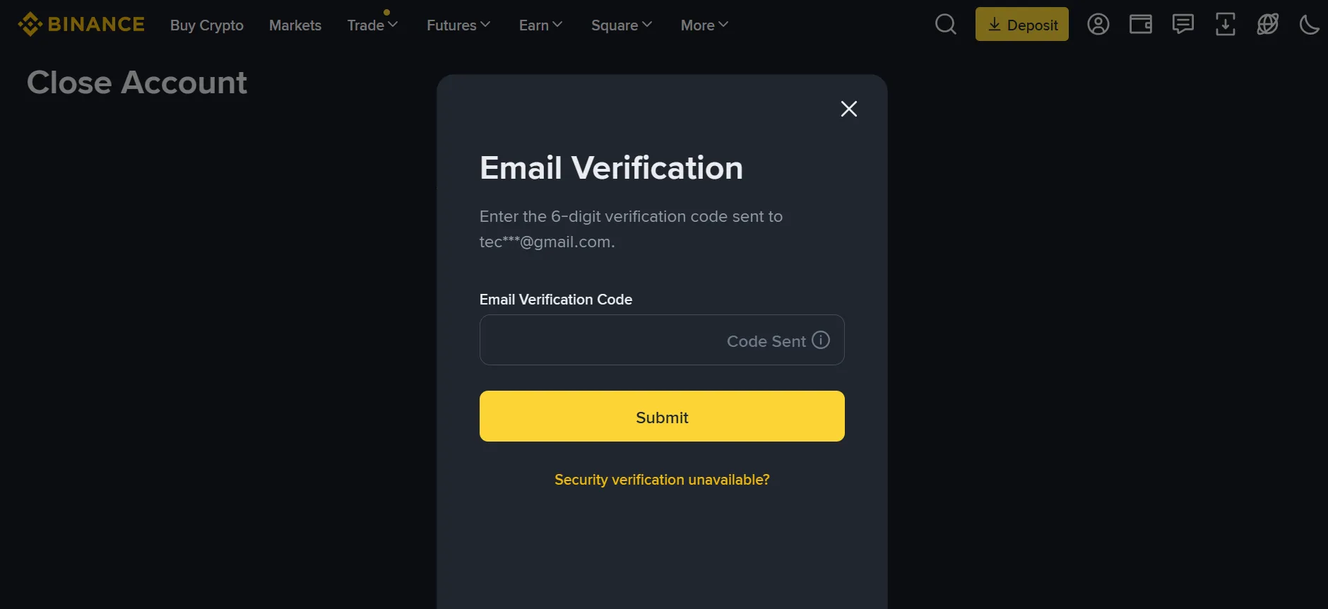 Binance account deletion otp
