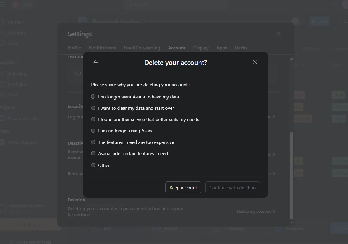Click Continue with deletion to finalize