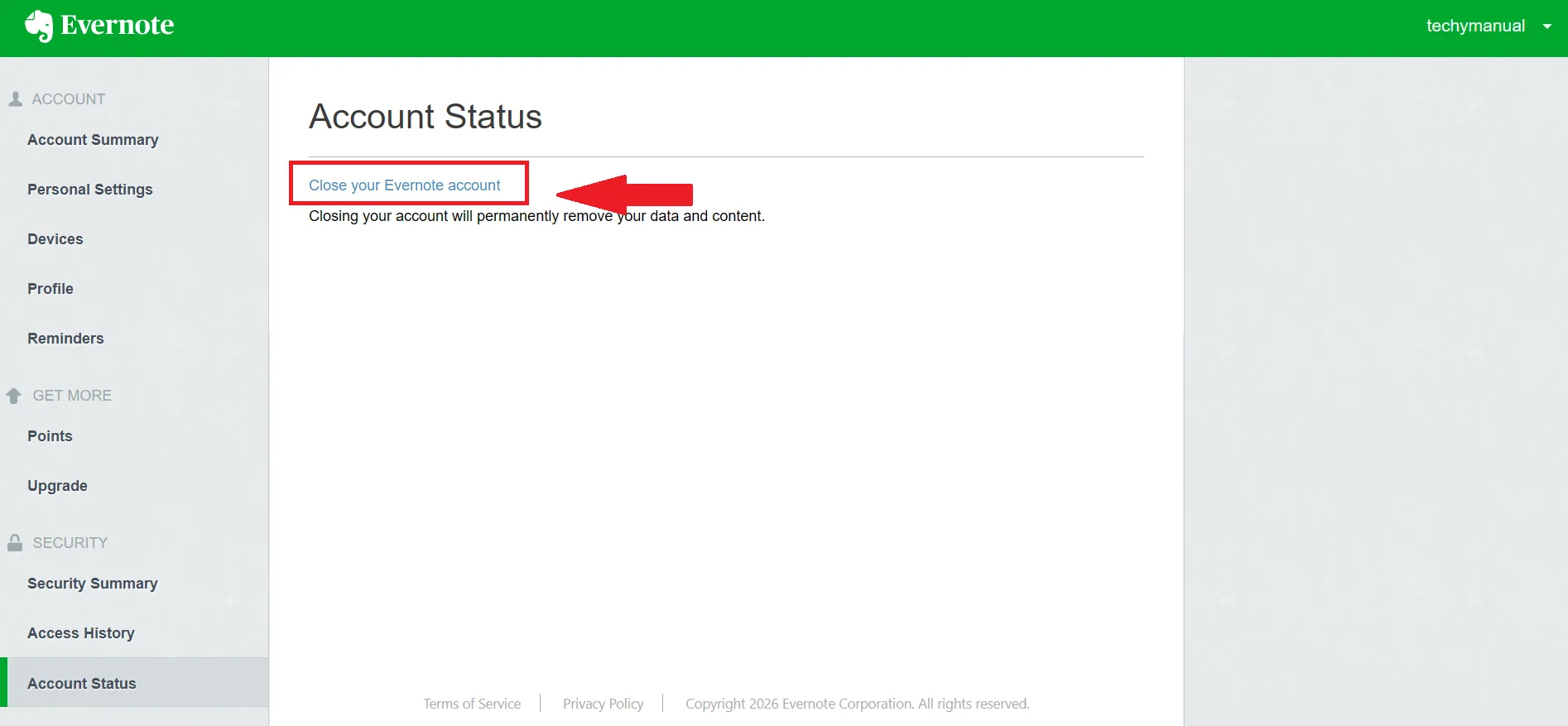 Then click again on Close Your Evernote Account.