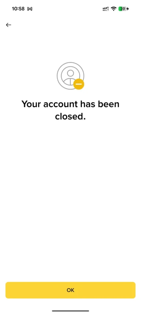 Your account is closed — tap OK to finish.