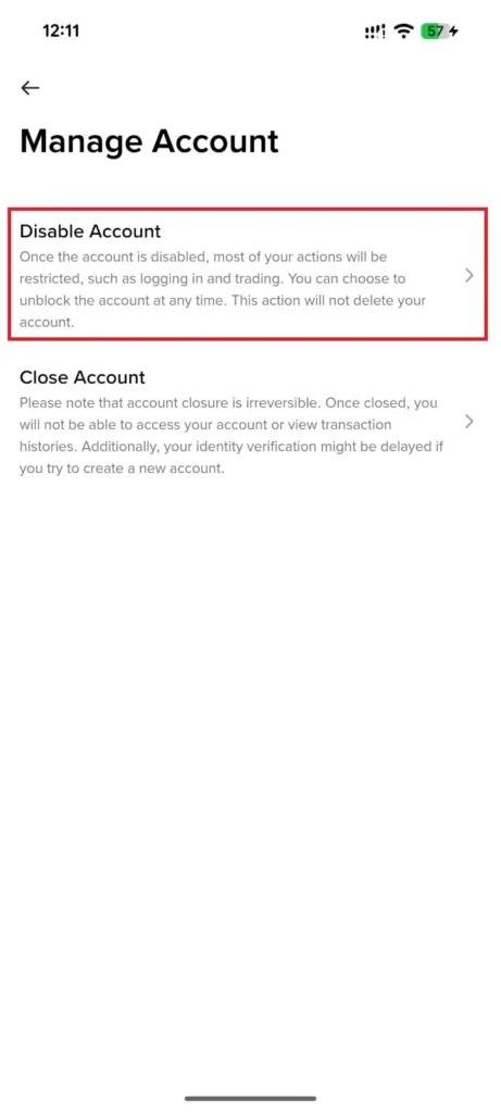 Disbale account on binance