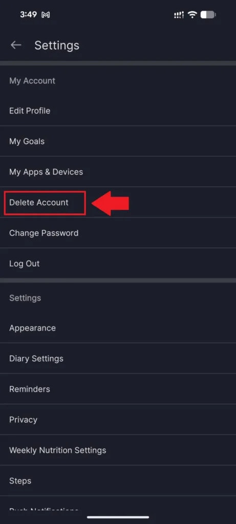 In the Settings menu, scroll down and tap Delete Account under the My Account section.