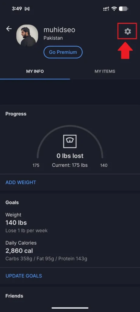 On your profile page, tap the Settings (gear) icon at the top right corner.