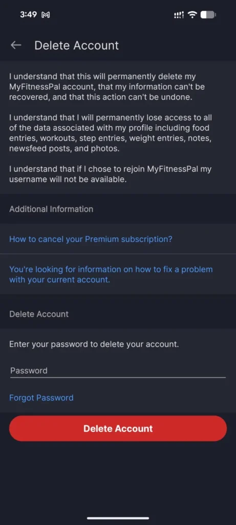 Read the deletion warnings, enter your password in the field provided, and tap the red Delete Account button to confirm.