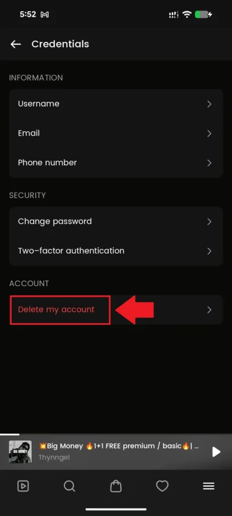 Scroll down to the Account section and tap Delete my account to proceed.